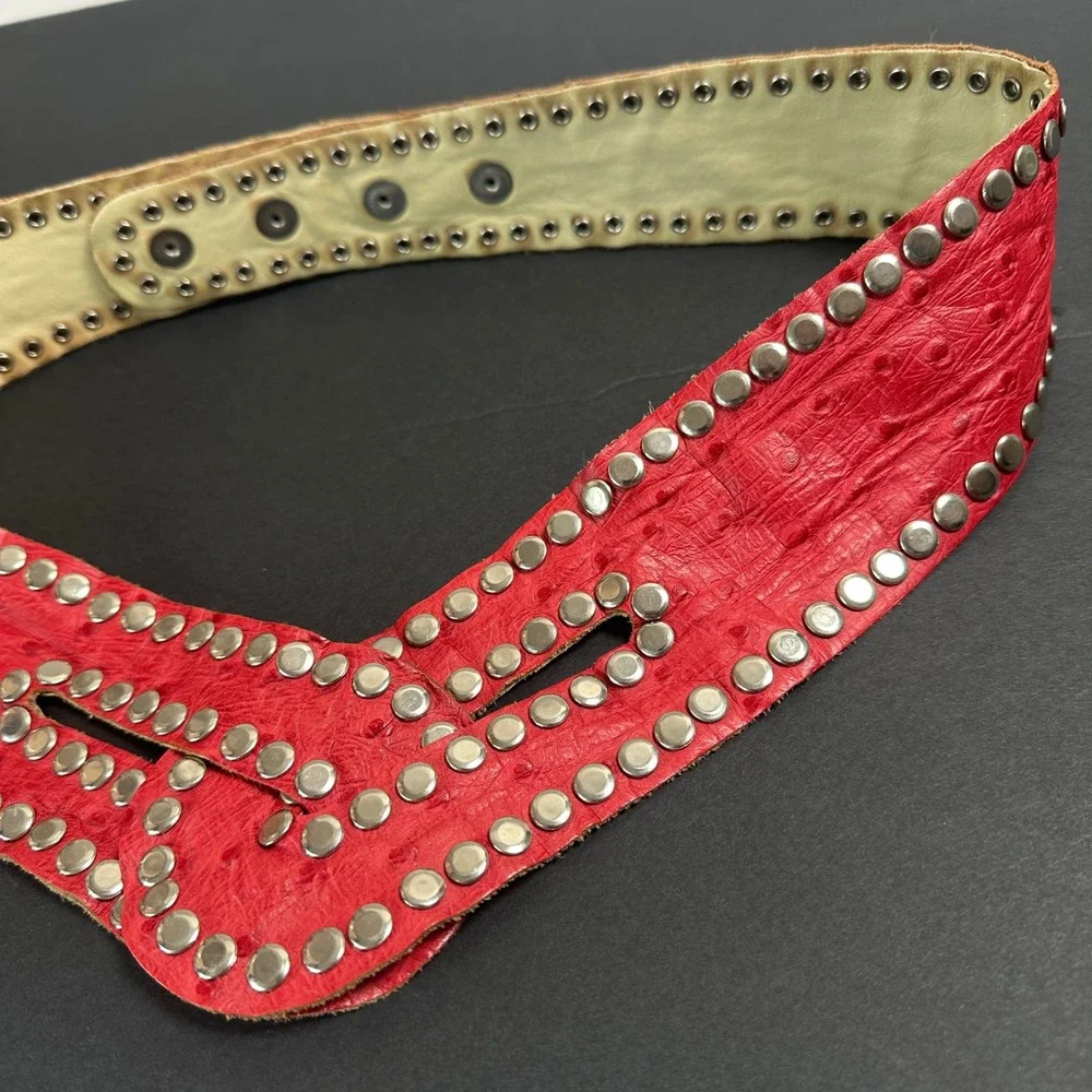 Vintage Genuine Ostrich Leather Belt L Red Silver Studded Cummerbund Adjustable